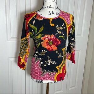 Alexandria Pierce Size Med Cotton Knit Boho Floral Sequined 3/4 Sleeve Shirt